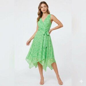 NWT DKNY Green Printed Chiffon Wrap Dress | Garden Party Spring Dress | Size 4
